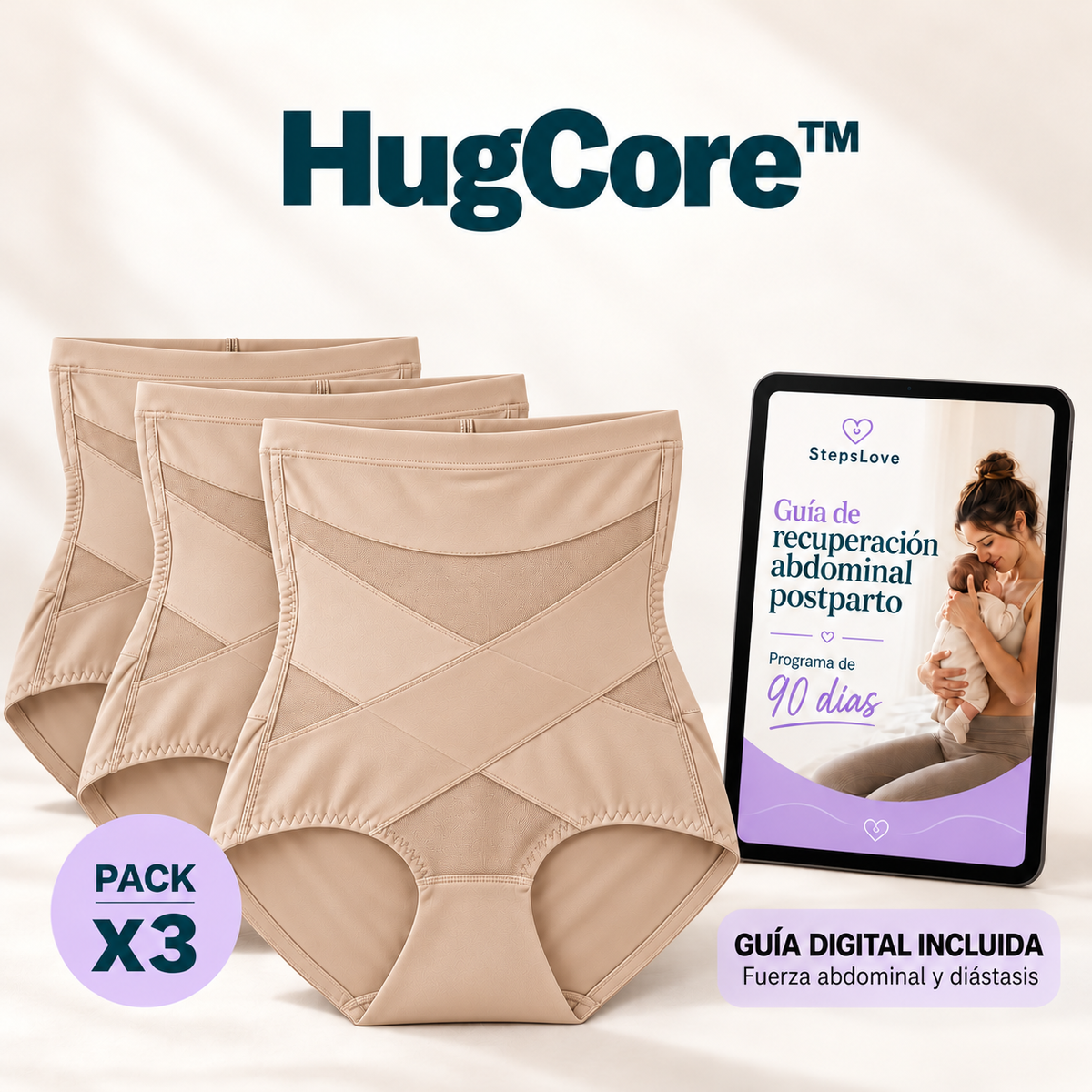 HugCore™ · Braguita de talle alto con compresión abdominal + Guía 90 dias postparto: fuerza abdominal y diástasis
