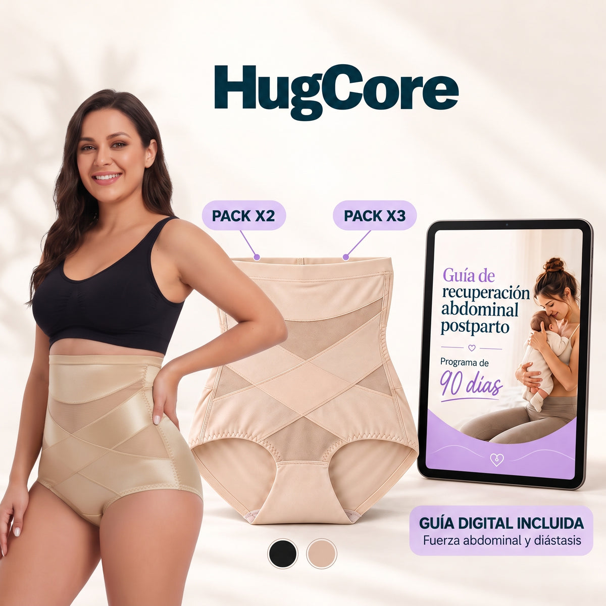 HugCore™ · Braguita de talle alto con compresión abdominal + Guía 90 dias postparto: fuerza abdominal y diástasis