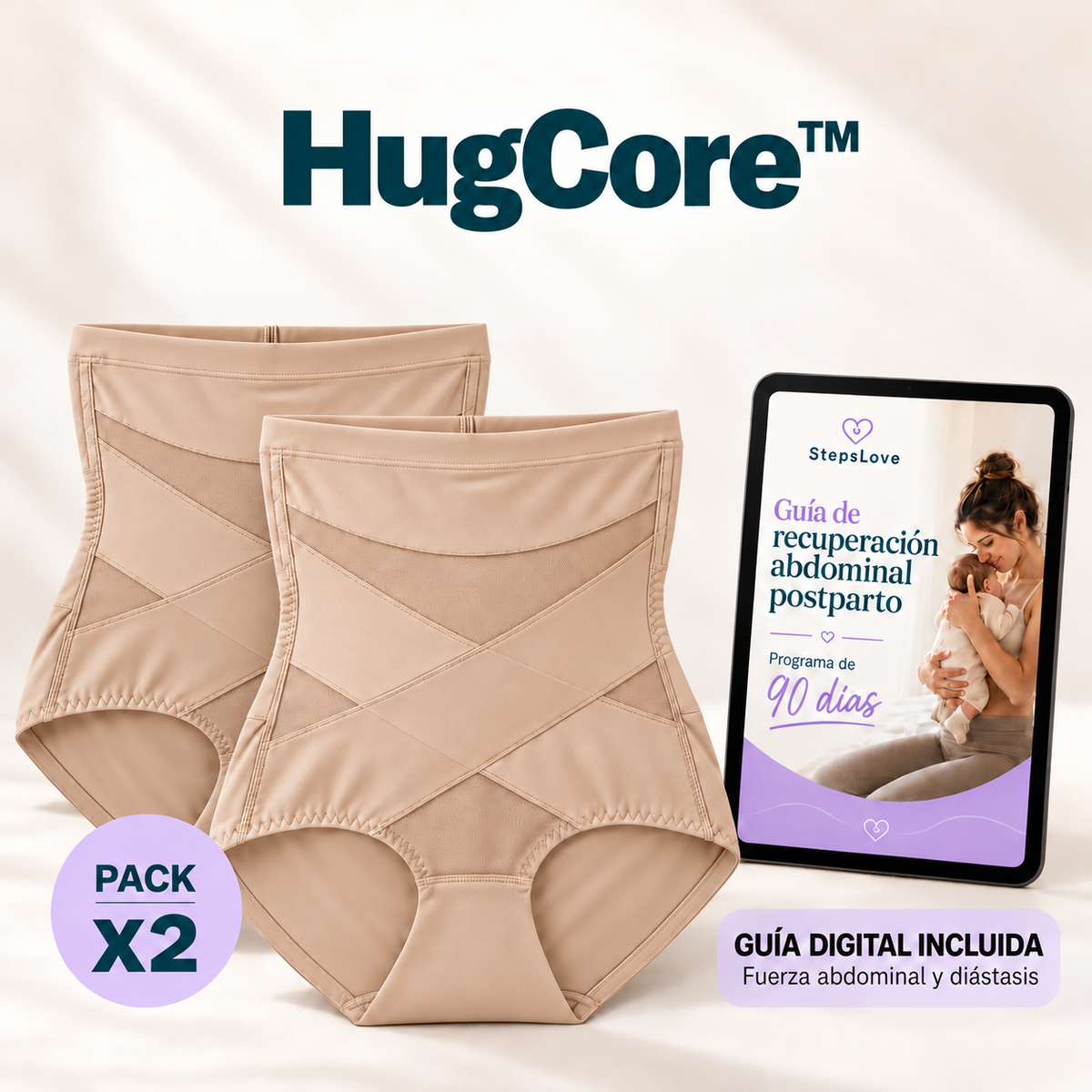 HugCore™ · Braguita de talle alto con compresión abdominal + Guía 90 dias postparto: fuerza abdominal y diástasis