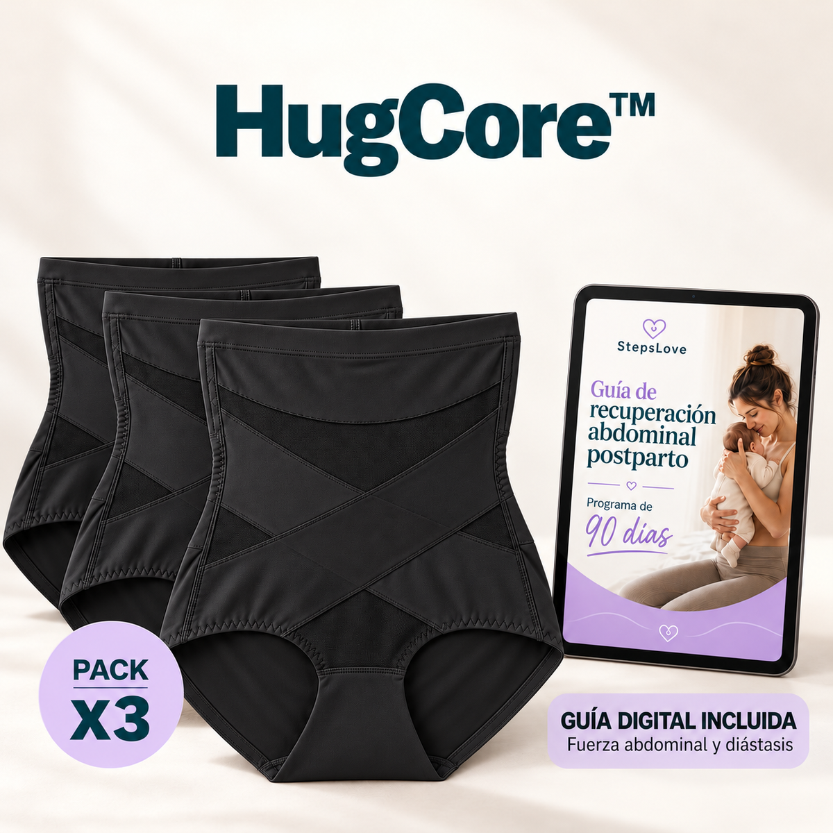 HugCore™ · Braguita de talle alto con compresión abdominal + Guía 90 dias postparto: fuerza abdominal y diástasis
