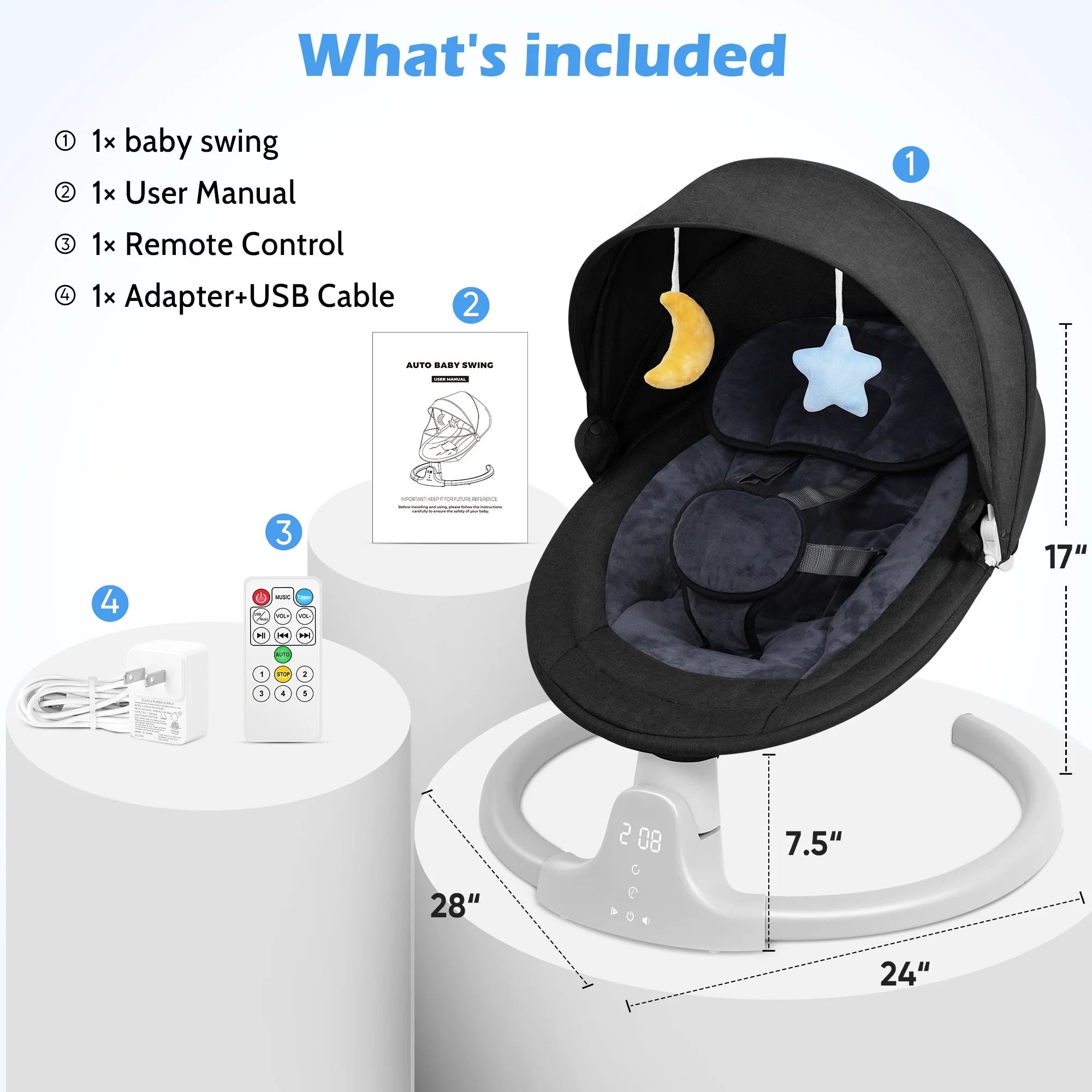 Baby Swing for Infants - Motorized Swing with Music Speaker and Remote Control - 10 Lullabies - Black