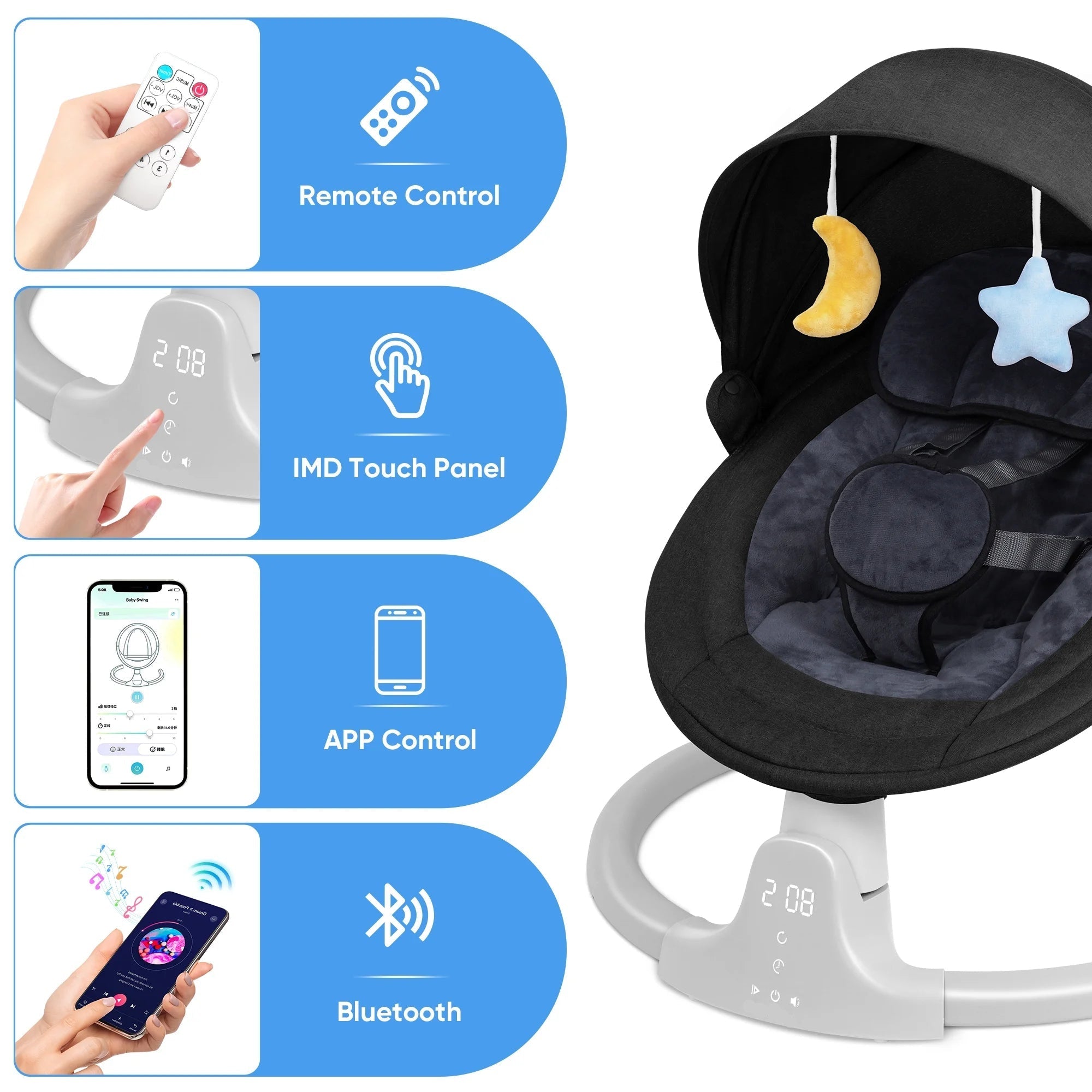 Baby Swing for Infants - Motorized Swing with Music Speaker and Remote Control - 10 Lullabies - Black