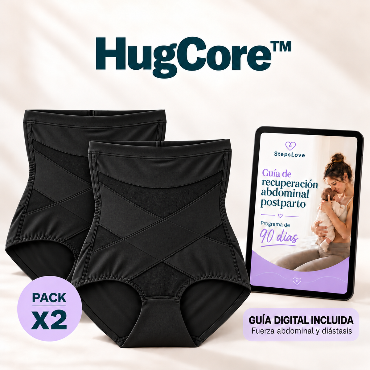 HugCore™ · Braguita de talle alto con compresión abdominal + Guía 90 dias postparto: fuerza abdominal y diástasis