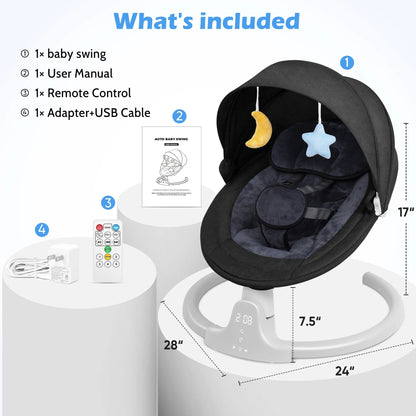 Baby Swing for Infants - Motorized Swing with Music Speaker and Remote Control - 10 Lullabies - Black